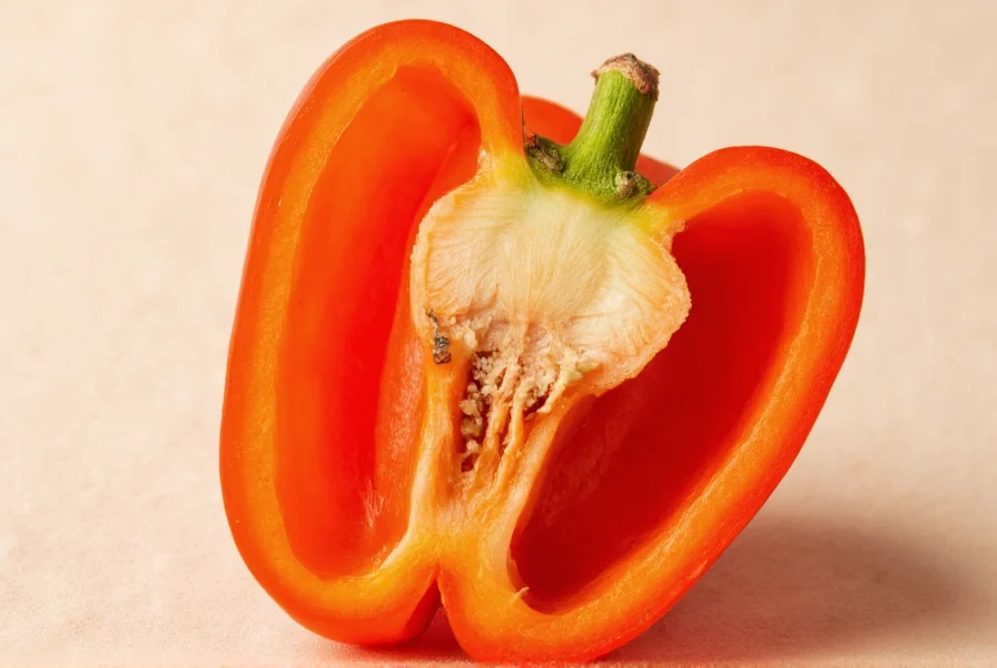 Close-up view of bell pepper cross-section showing seeds and fruit structure