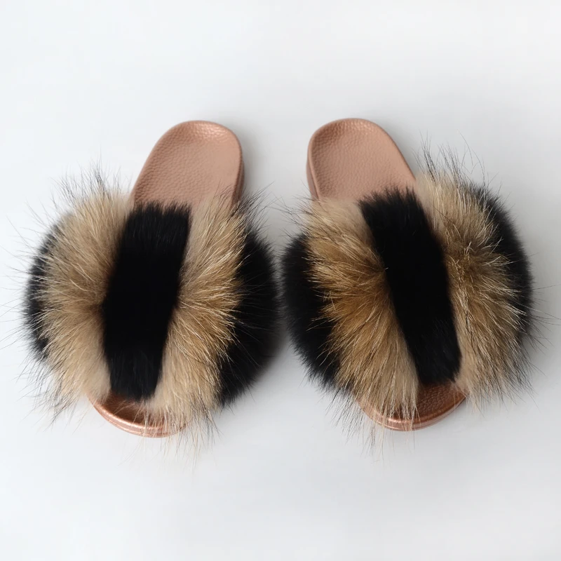 

Jtfur Wholesale Custom Logo PVC Flush Soft Real Raccoon Fur Slipper Outdoor Fluffy Sliders Sandals for Women, Customized color