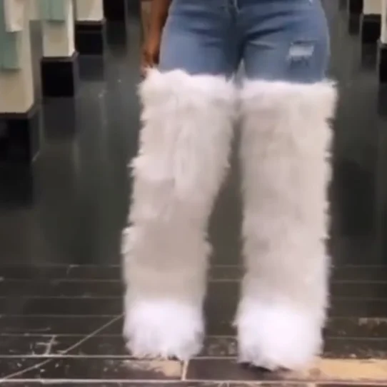 

wholesale 2021 fashion fur over the knee wide calf thigh high platform fur Super boots women