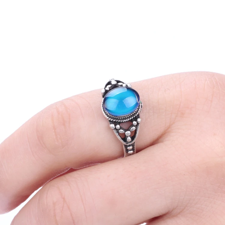 

Thermochromic Temperature Antique Silver Plated Mood Beads Stone Jewelry Change Colors Mood Finger Rings For Women