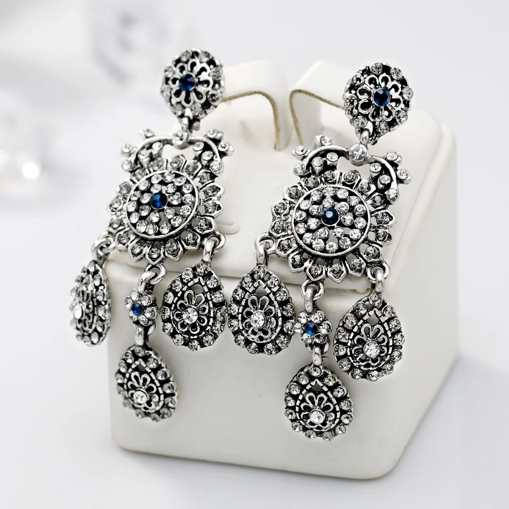 

Hot Sale Fashion Bohemian Style Rhinestone Alloy Retro Long Circle Pendant Earrings, Picture shows