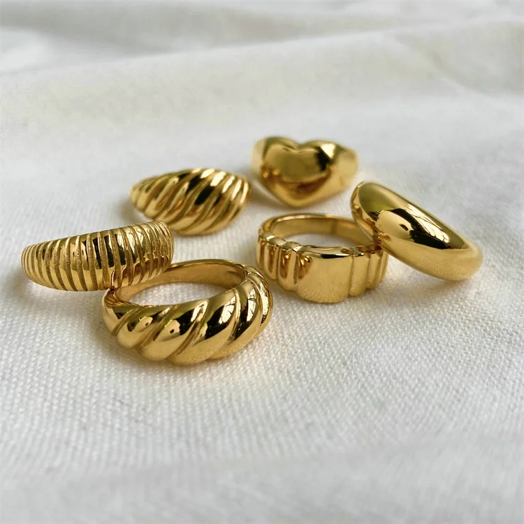 

Croissant Ring 18K Gold IP Plateding Stainless Steel Statement Ring Engraved Stripes Braided Twisted Rope Signet Chunky Ring