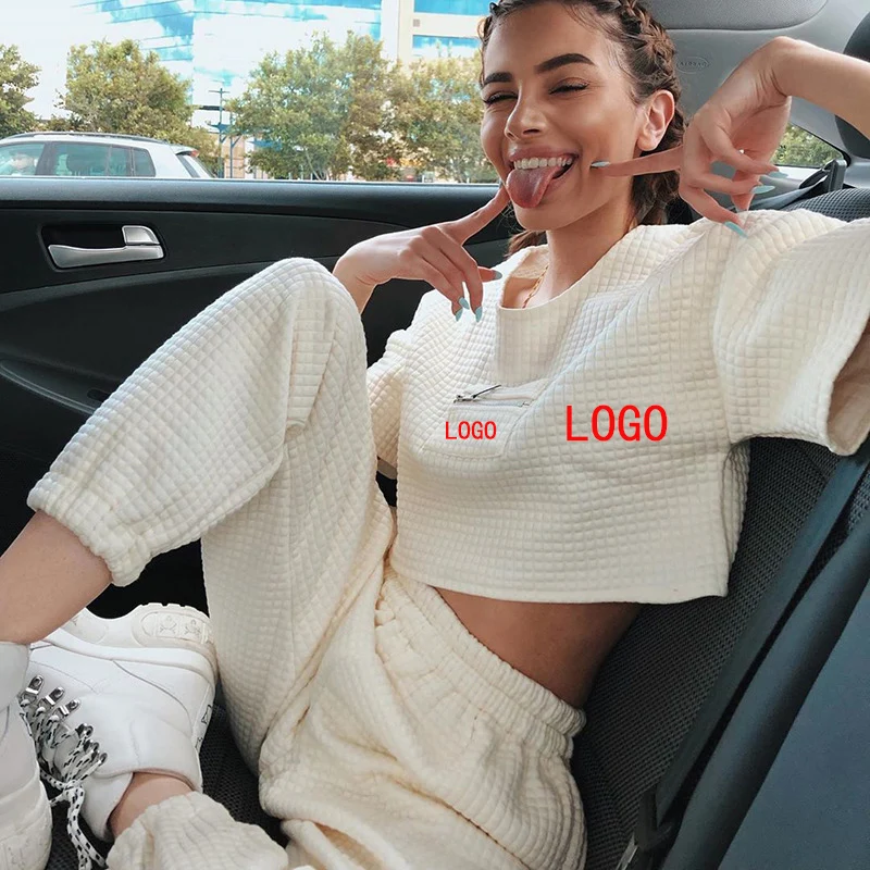 

2021 waffle knit Loungewear Set White short sleeve lounge wear Long Pant Two Piece Set Print Logo Jogging Suit