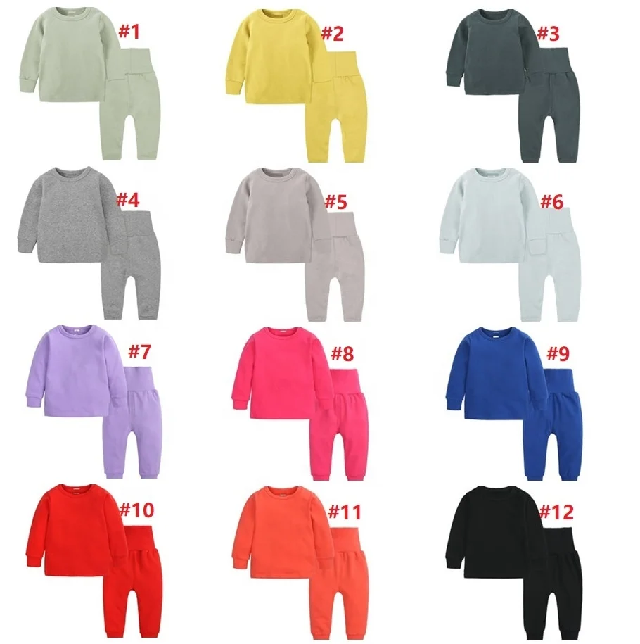 

K1028 Kids plain pajamas 13 colors fashion cotton blank tops and pants cute household kids solid color pajama sets