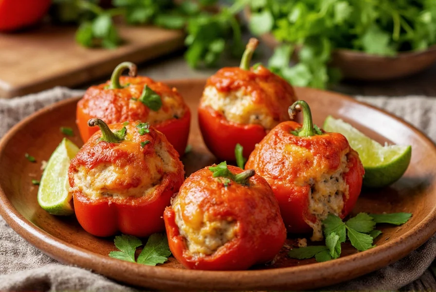 Four beautifully plated stuffed ancho peppers with melted cheese filling visible, garnished with cilantro and lime wedges on rustic ceramic plate