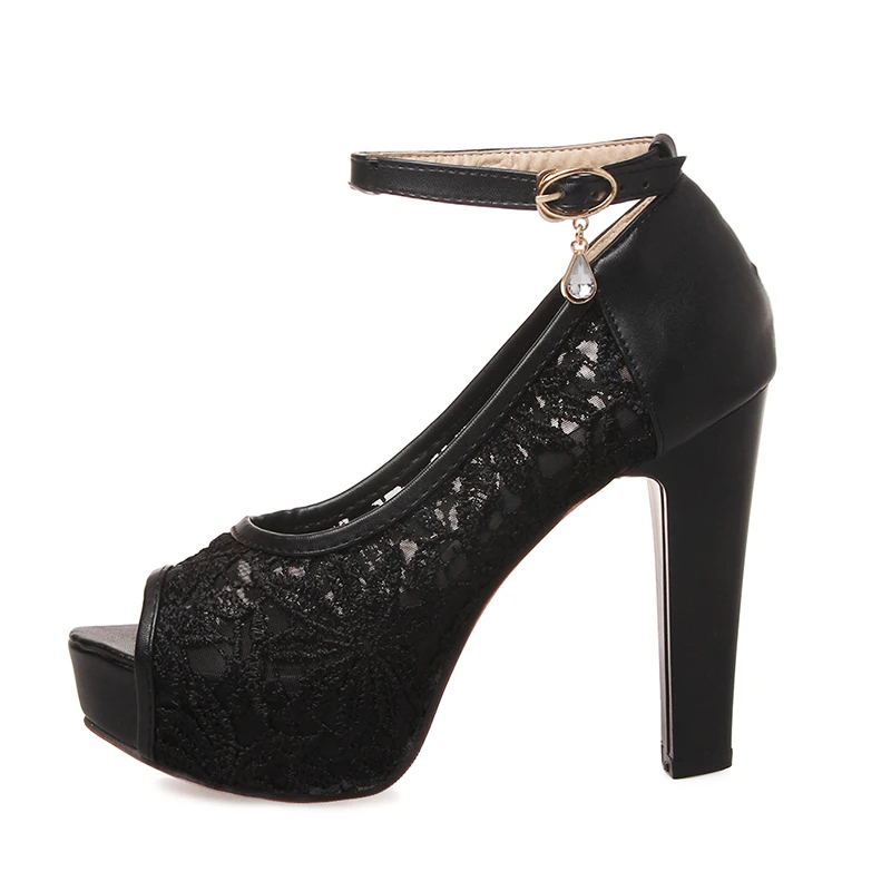 

Cheap Elegant Lace Platform Heel Angle Strap Peep Toe Evening Party Lady Pumps, Black/white/ecru