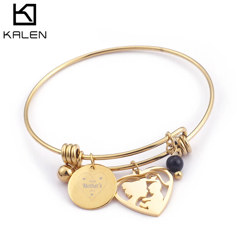 

Mother's Day Gift Heart Bracelet Mother Child Shape Round Charm Wire Bangle Bracelet Women, Silver/gold