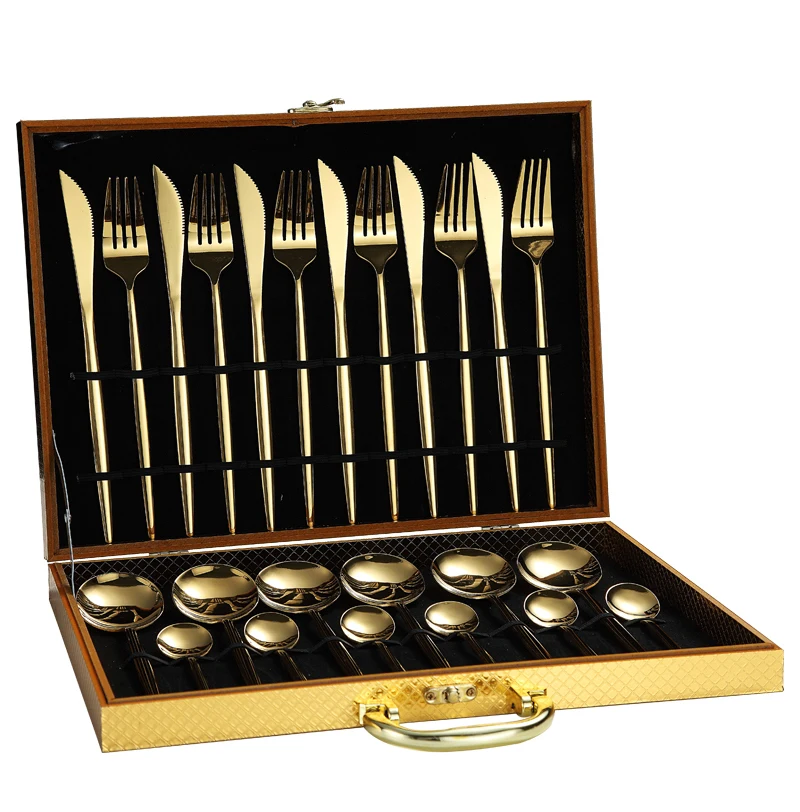 

High Grade Luxury Wedding Portugal Stainless Steel Flatware 24 Pieces Cutlery Set With Gold Color Gift Box, Rose gold