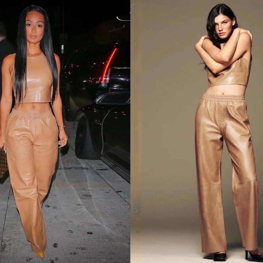 

Nibber K20S09775 PU Faux Leather Crop Tank Top Wide Leg Pants Two Piece Sets Women Y2K Loose Solid Matching Casual Street Style
