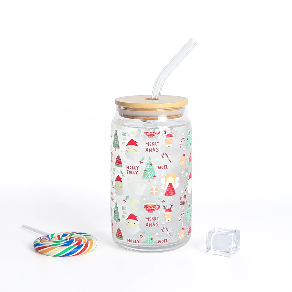 

16oz Christmas Coffee Tea Mug Glass Can Cups Soda Beer Can Glass With Bamboo Lid