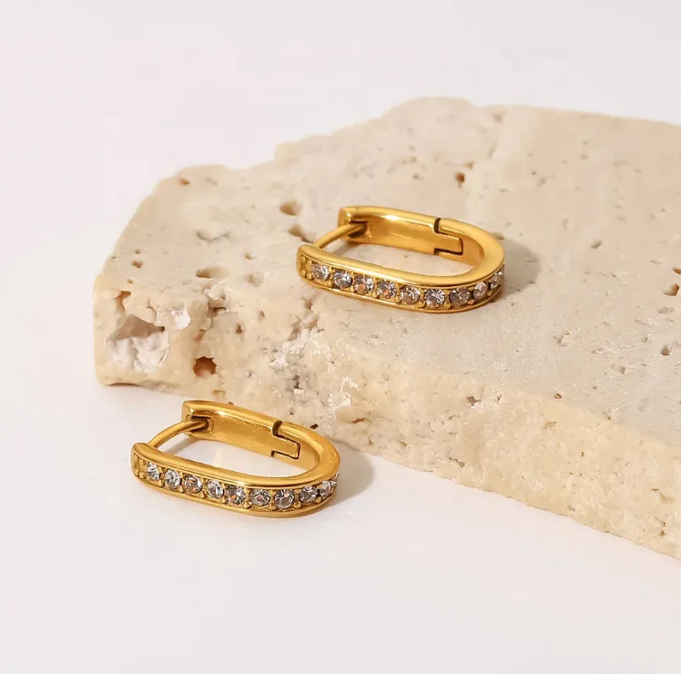 

18K Gold Zircon Square Earrings Waterproof Stainless Steel Paved Zirconia Oval Fashion Zircon Hoop Earring for Girls