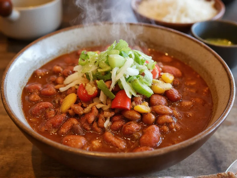 Steaming bowl of homemade chili with toppings