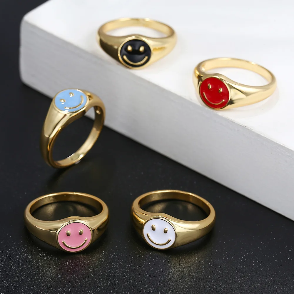 

Cute Jewelry Gold Plated Colorful Oil Drip Smile Middle Finger Ring For Boys Girls