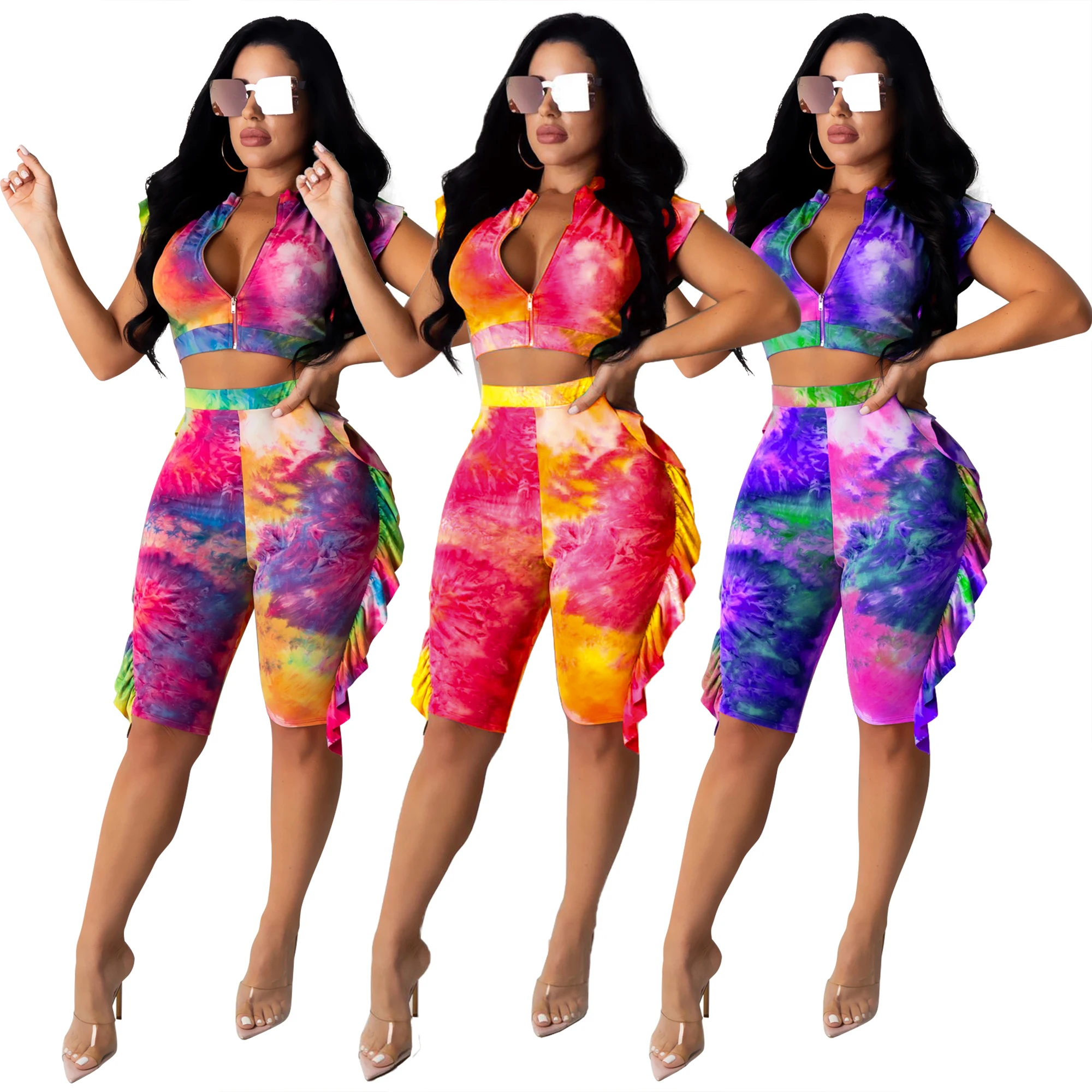 

Summer 2021 Summer short 2 piece Cardigan short body suit tops for women 2 piece set clothing crop top sweat sweat suits