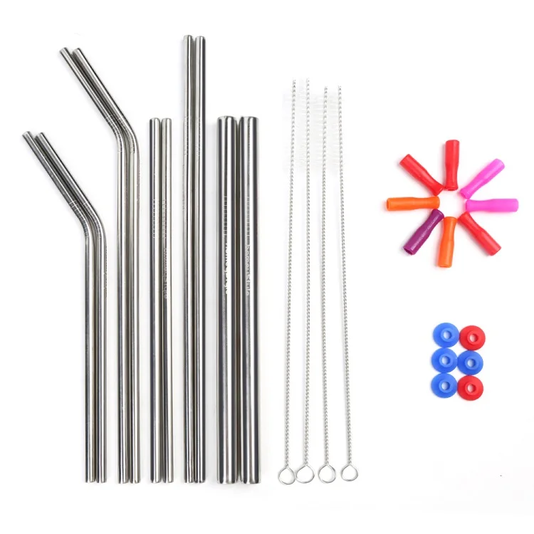 

Metal reusable silver stainless steel straws with box pouch silicone tips