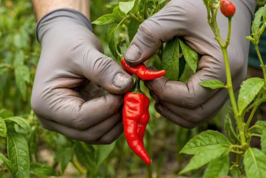 Hand wearing protective gloves carefully harvesting ripe red scorpion chili peppers from a plant in a garden setting