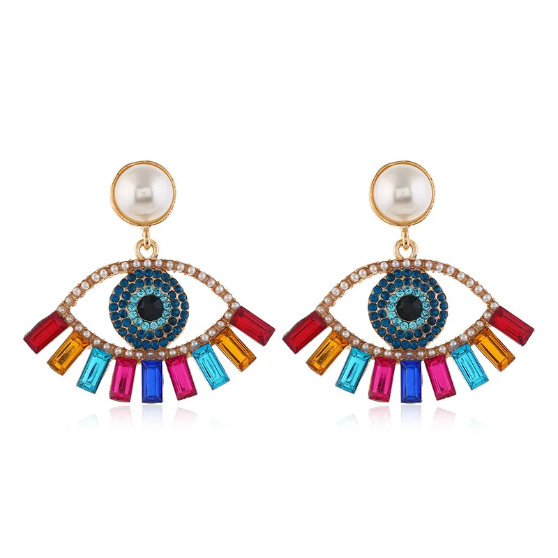 

Rainbow Crystal Rhinestone Pearl Red Heart Seed Beaded Eye Drop Earrings