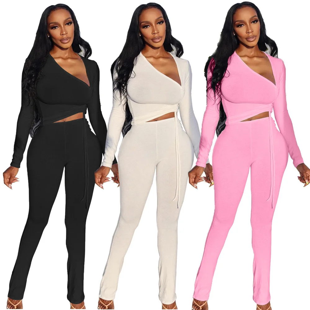 

2021 Wholesale Solid Color Training Wear 2 Piece Set Track Suit Drawstring Two Piece Pant Set Women Sweat Jogging Suits