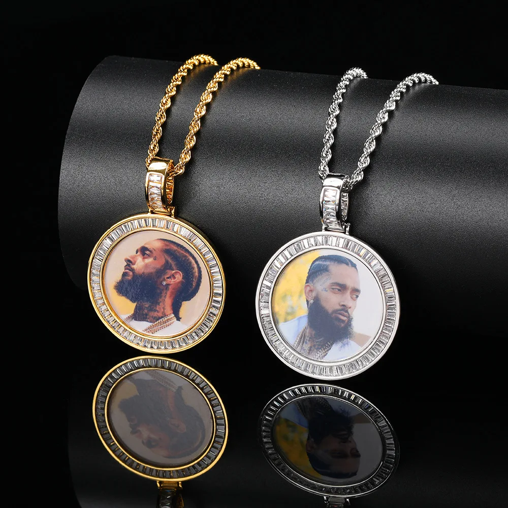 

European Customized Hip Hops Round Crystal Memory Photo Pendant Necklace Cubic Zircon Round Photo Medallions Pendant Necklace