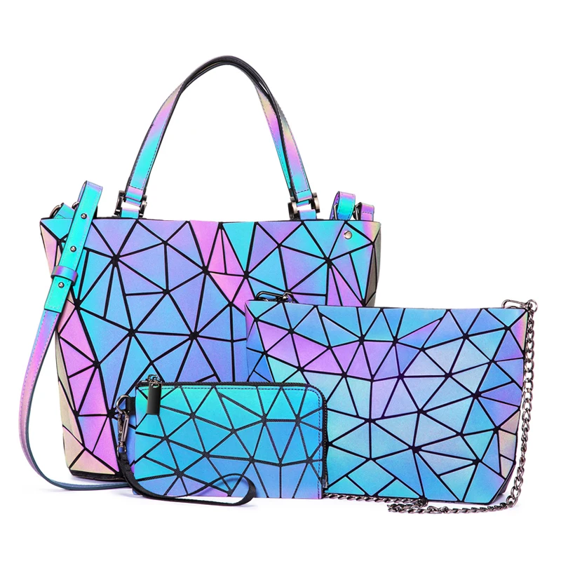 

LOVEVOOK Wholesale Holographic Reflective Tote Bag Clutch Wallet Shoulder Bags Set Geometric Luminous Women Purses and Handbags