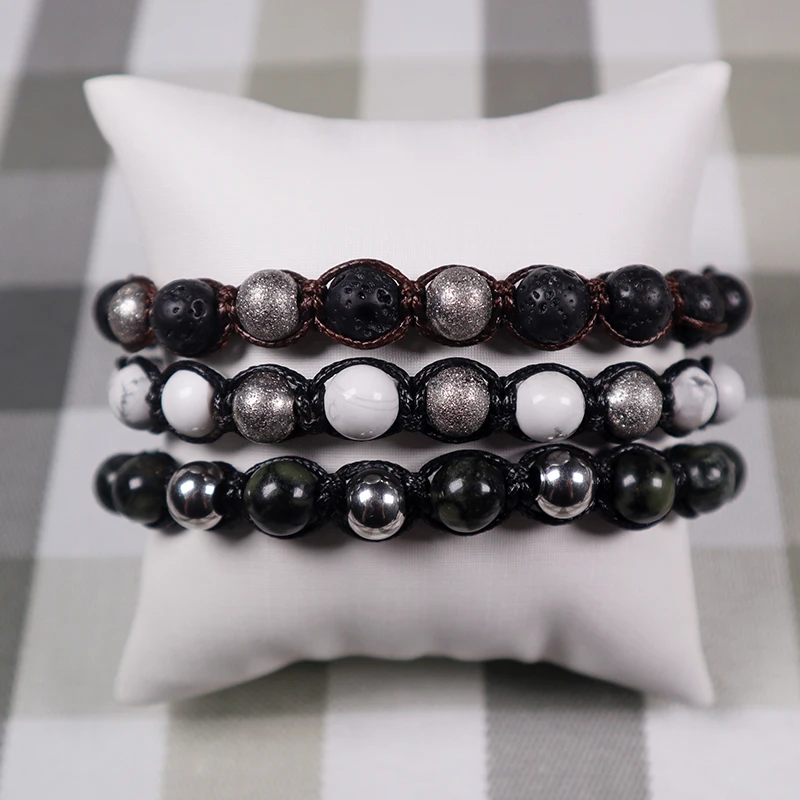 

Bead bracelet Round Lava Volcano Howlite Mixed Stainless Steel Beads With Leather String Handmade Bracelet, Multi
