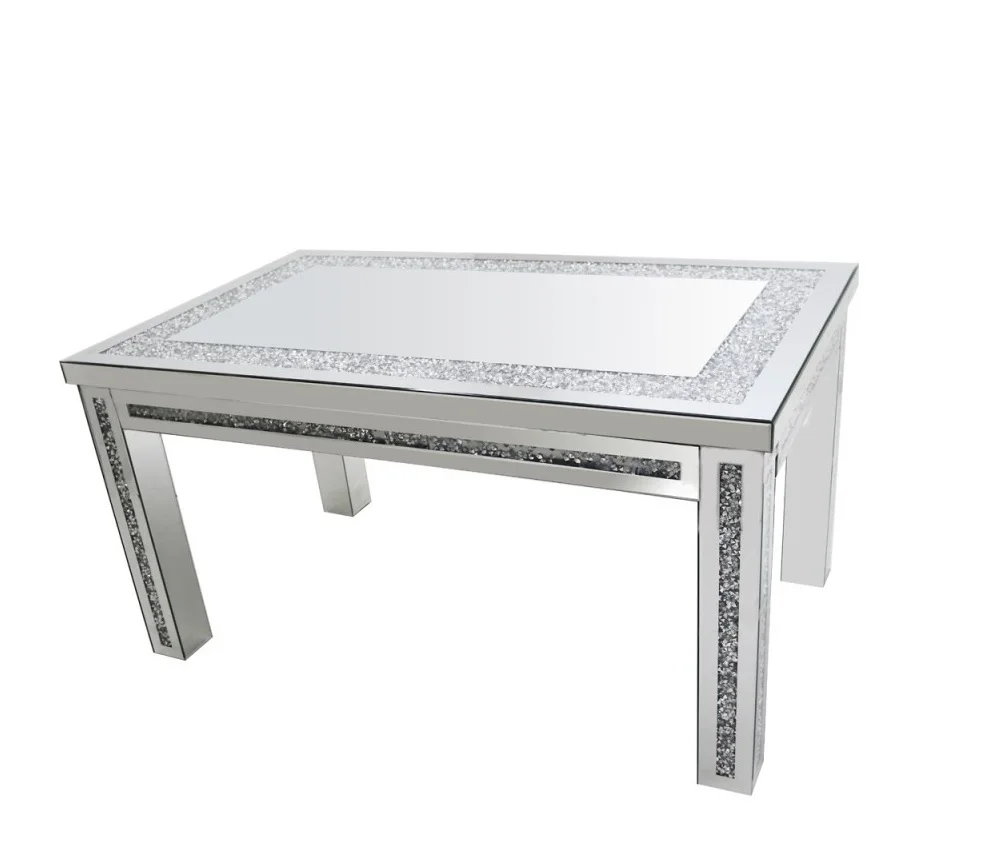 Modern Silver Mirrored Dining Table Crushed Diamond Insert 4 Legs
