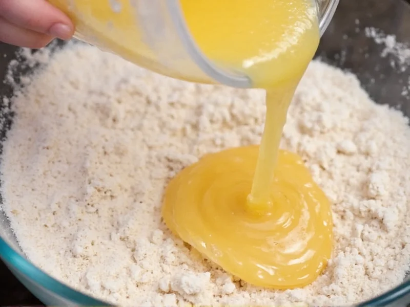 Pouring wet ingredients into dry mix with visible lumps