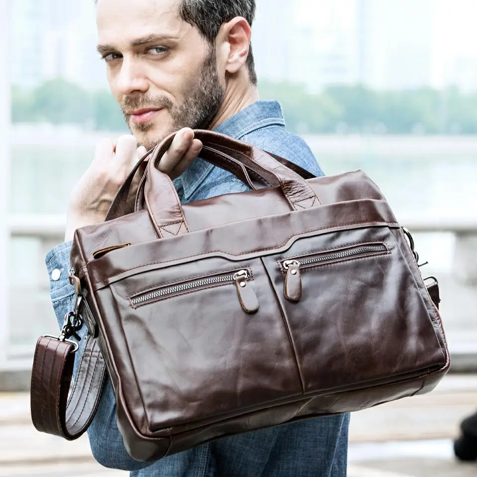 

NIUCUNZH 9005 Business Men's Genuine Leather Briefcase for Men 14 Laptop Bag Men Leather Bags for Document Messenger Bag, Black, coffee, brown, gray