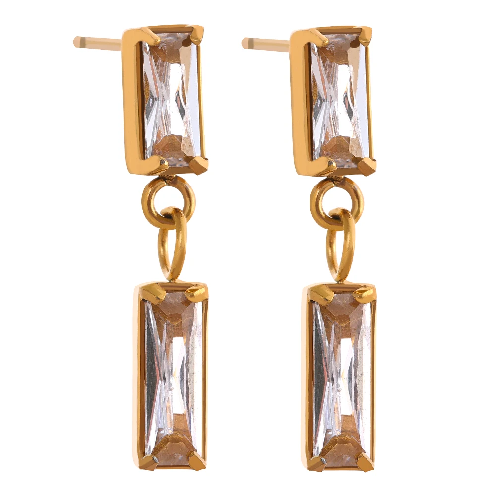 

JINYOU 946 AAA Bling Cubic Zirconia Square Stainless Steel 18k Gold Color Drop Dangle Earrings Waterproof Trendy Jewelry