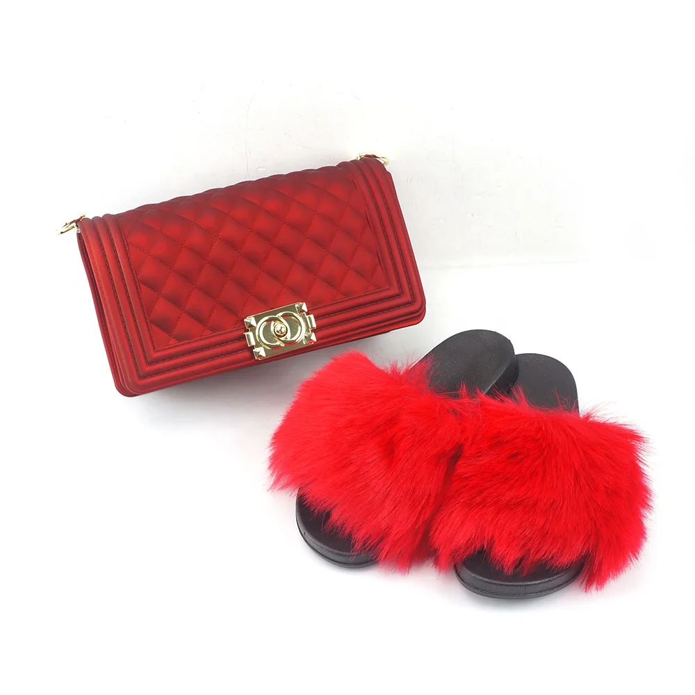 

2021 Newest fashion handbags crazy selling colorful fake fur slides and jelly purses handbag sets for women