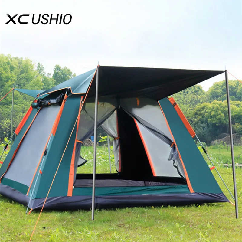 

3-4 Person Automatic Camping Tent Ultralarge Family Gazebo Tourist Tent Waterproof Marquee Easy Setup Pop Up Self Driving Tent, Sky blue dark green