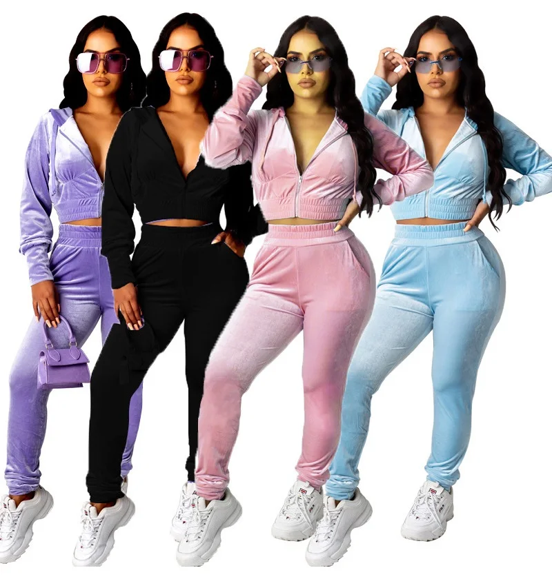 

Wholesale Track Suit Women Cropped Top Gym Full Zip Hoodie Jacket Velour Lady Tracksuit Velvet Suit, Picture