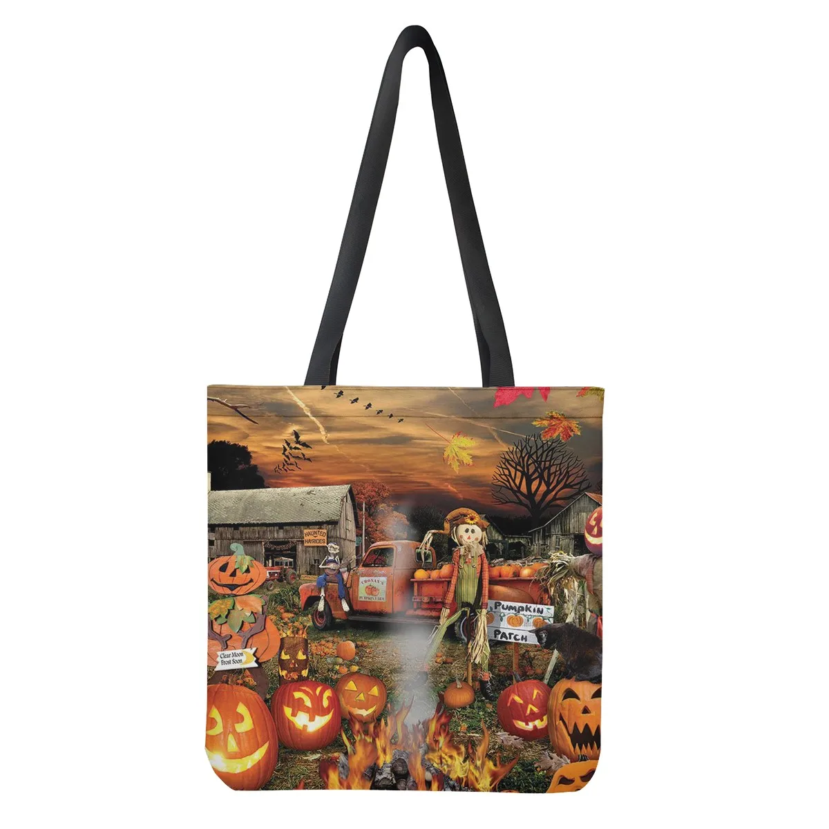 

2021 factory welcome halloween custom brown pumpkin square leather funny print ladies halloween bag to store candy and apples, Print picture