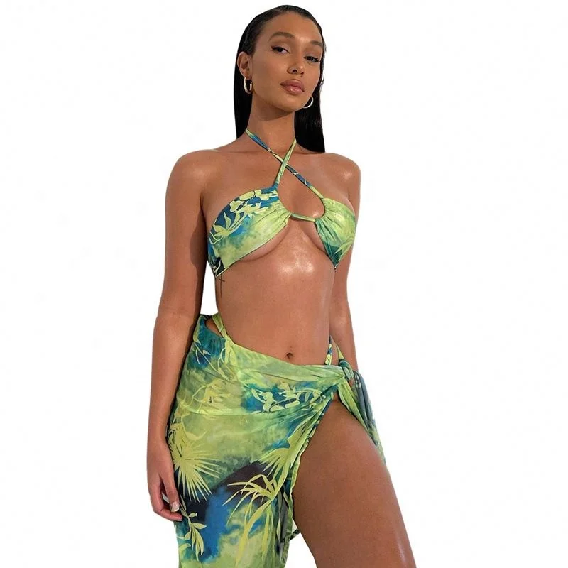 

The new printed see-through halter neck strapless halter sexy suit set 3 piece bathingsuits 2021 womens swimwear bikini