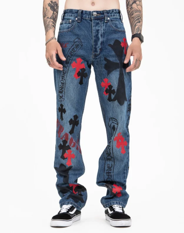 

Casual Washed Cross Leather Patch Embroidery Straight Jeans Men