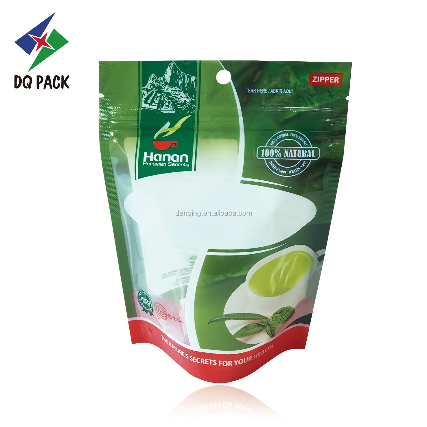 Custom Print Clear Front Window Tea Packaging Bag Stand Up Pouch With Zipper