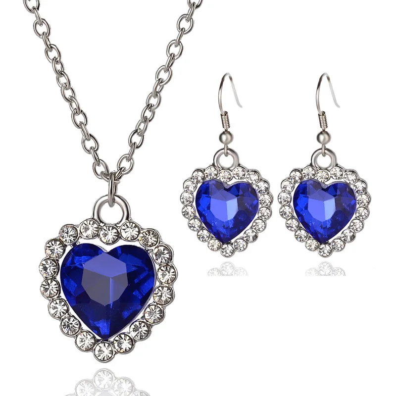 

Heart of the ocean Titanic blue stone crystal necklaces earrings set heart set colors gift water wave necklace for women, Golden