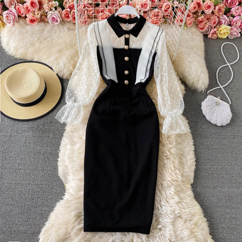 

2021 Early Spring New Lady Elegant Hip Dress Office Lady Style Socialite Pencil Dress Lady's Fitting Mesh Puff Sleeve Midi Dress, Picture color