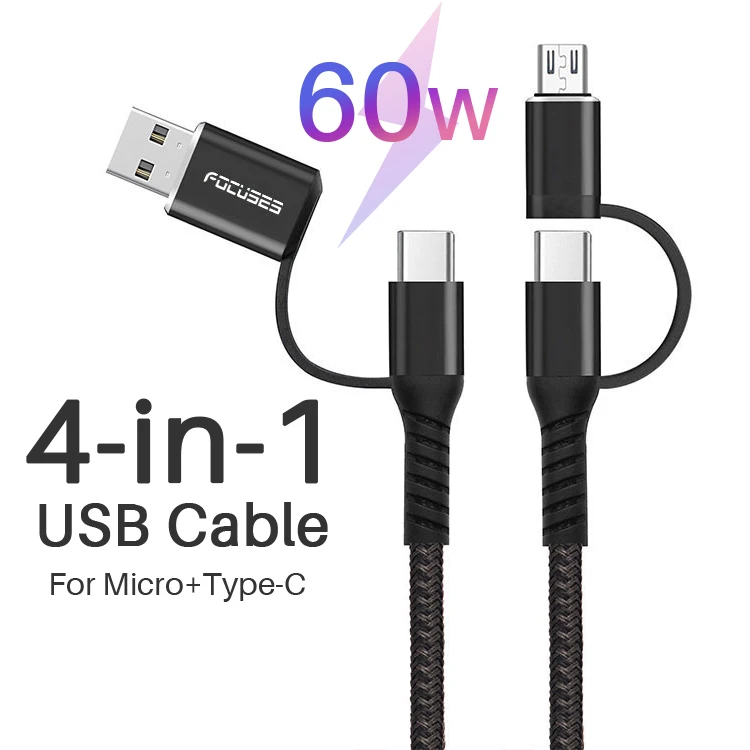 

PD 60W Fast Charging Braided 3 4 in 1 USB Cable Universal Cabo Micro Kabel 10 in 1 USB C To USB C To Type C Multi Charger Cable, Black-grey