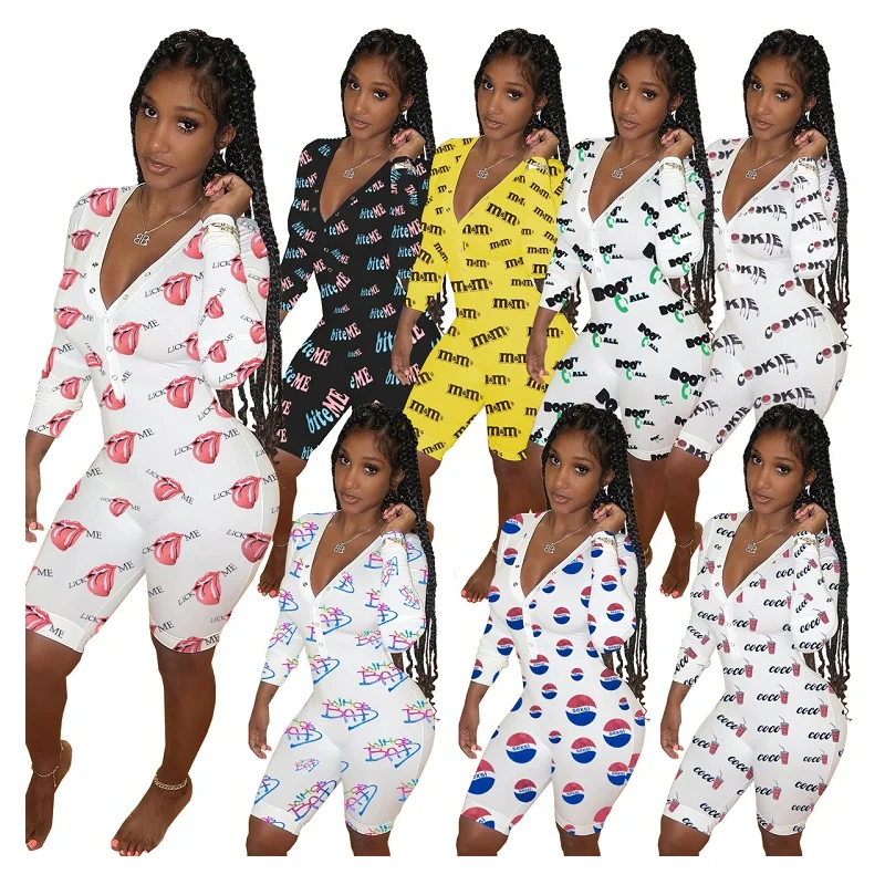 

Women Fashion Sexy Deep V Neck Homewear Floral Print Shorts Jumpsuit And Romper