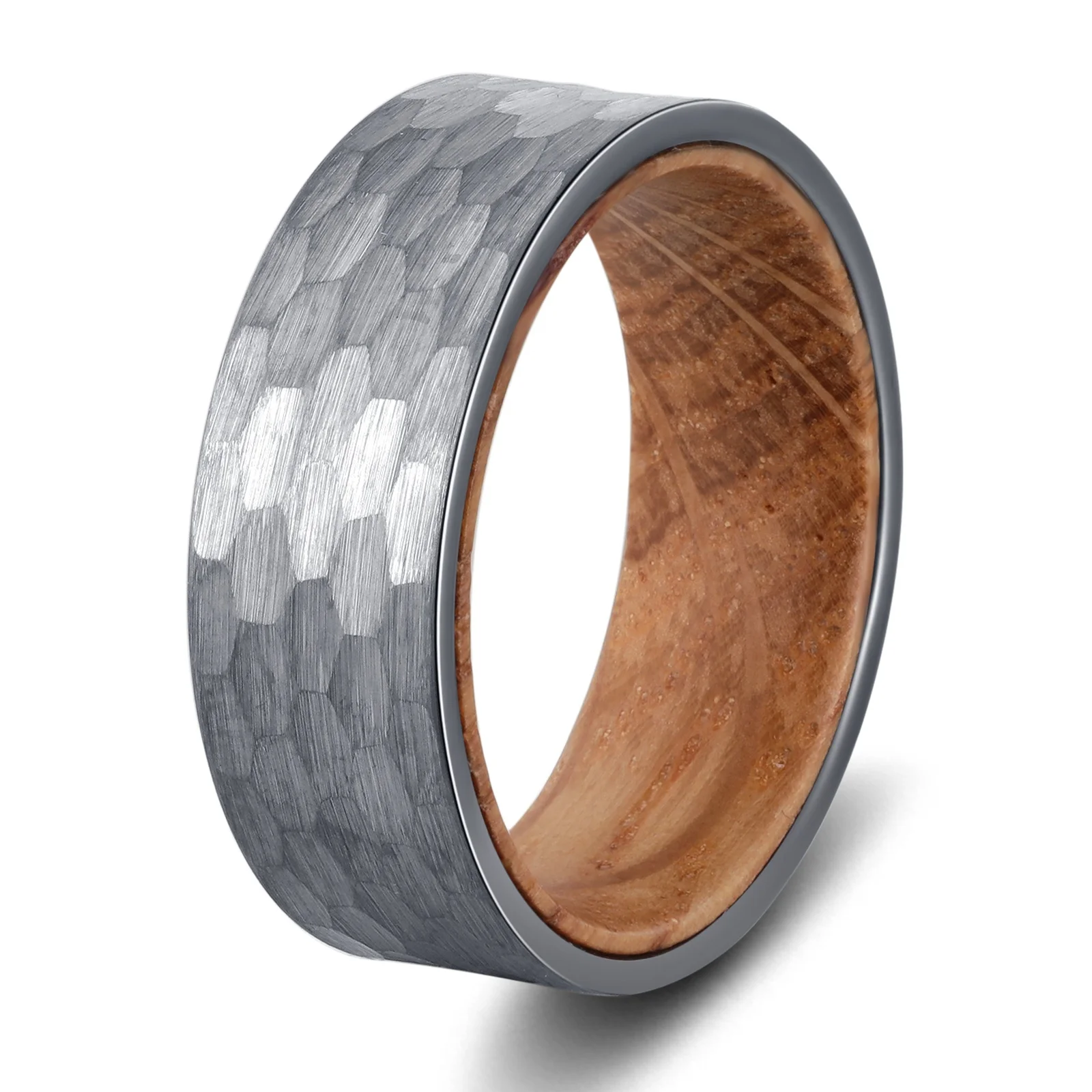 POYA Whisky Barrel Men's Personalized Hammered Silver Tungsten Rings Men Promise Engagement Ring