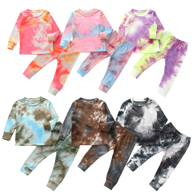 

0-16 Years Knitted Infant Baby Boys Girls Clothing Set Sleepwear Tie Dye Long Sleeve Tops Pants Autumn Kids Mommy And Me Outfits