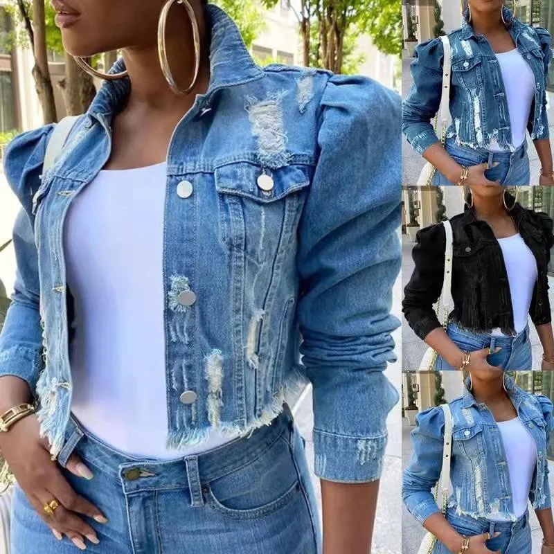 

2022 spring new arrivals ladies fashion ripped hollow out puff sleeve washed denim coat women plus size casual denim jacket, 3 colors