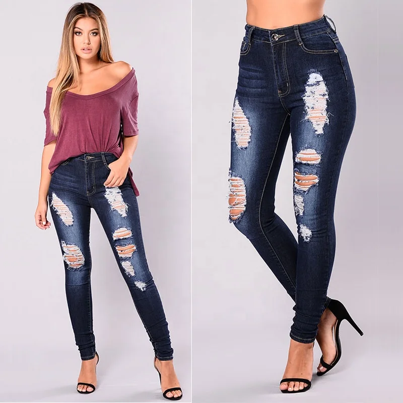 

Dark Blue Jeans New Arrival Casual Women Ripped Pencil Slim Pants Women Clothing