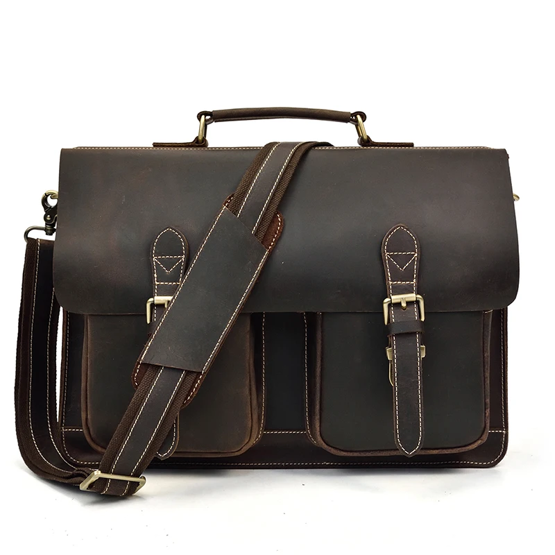

Luufan Men Crazy Horse Leather Business Bag Big Genuine Leather Briefcase For 15.6" Laptop Buckle Vintage Dark Brown Work Tote