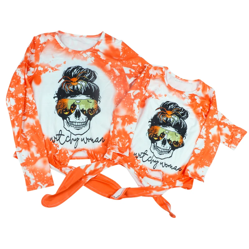 

Wholesale Tie-dye parent-child clothing Halloween Cool Custom Logo Print Shirt Tops round-neck sweater