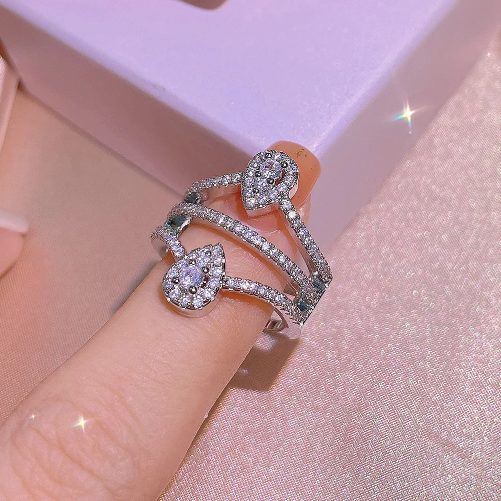 

European Style Luxury Full Diamond Cubic Zircon Wedding Band Rings Three Layer Water Drop CZ Finger Rings For Women Engagement