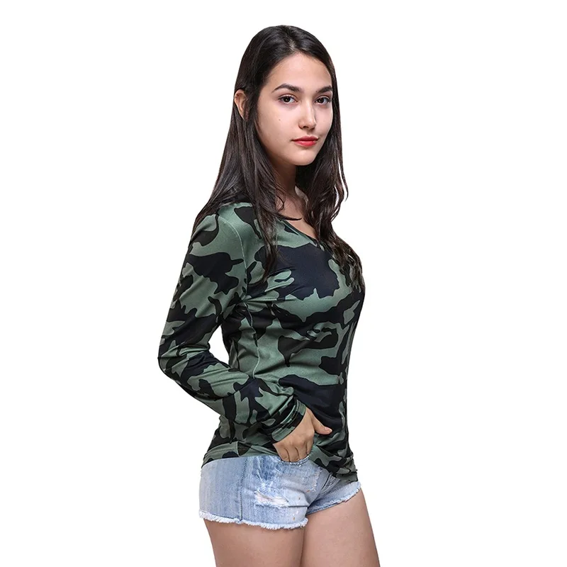 

Stylish Sexy Women's Wear European and American Personality A Hundred Camouflage Print Long-sleeved Women's T-shirt Top.