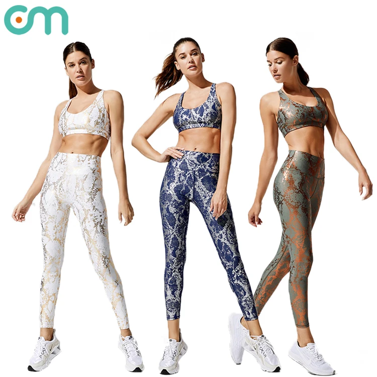 

2021 New trendy fitness hip lift quick dry 2 piece workout snake skin yoga set, Multi colors