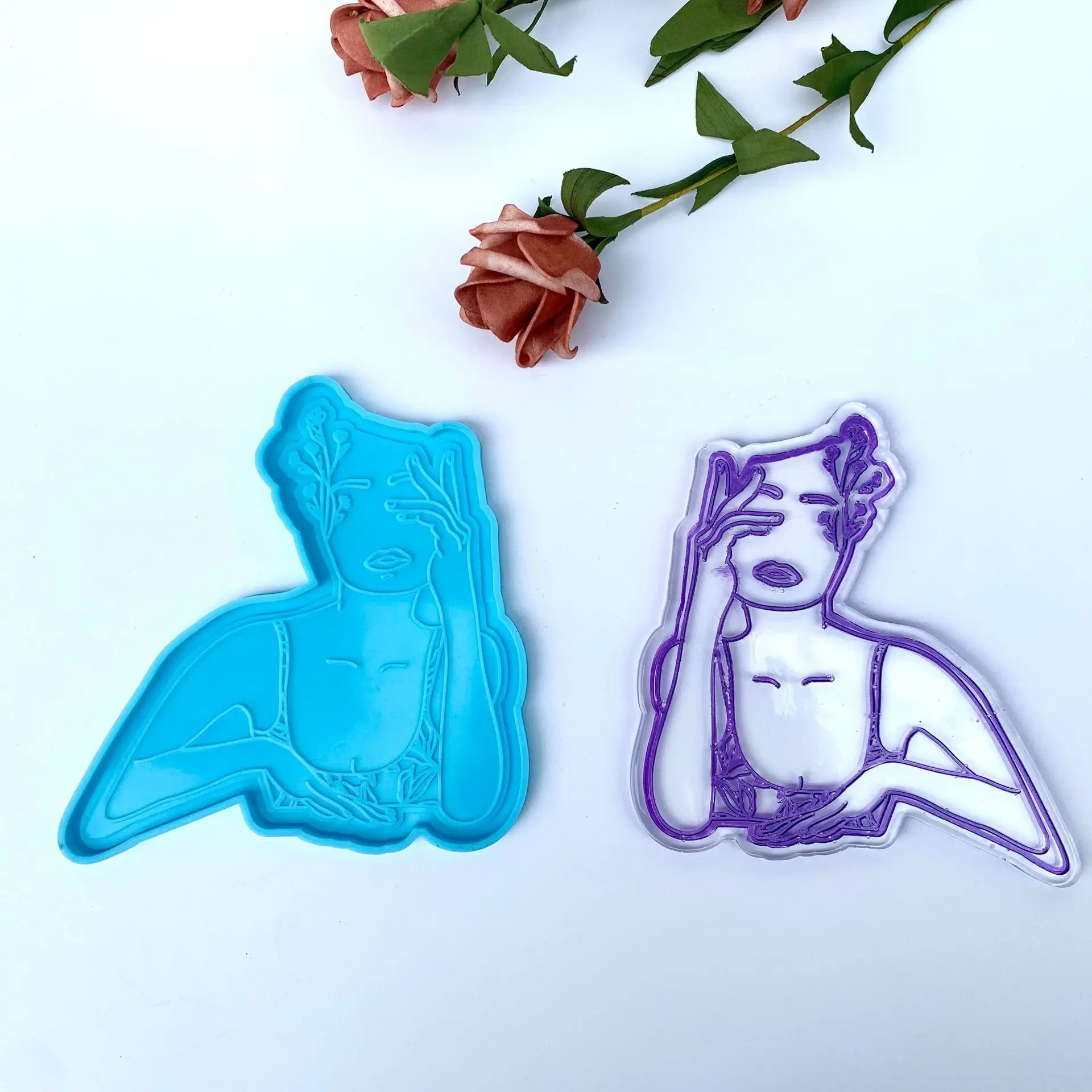 

0580 DIY New Style Pensive Woman Coaster Silicone Mold Shimy Crystal Epoxy Tray Mold, Blue